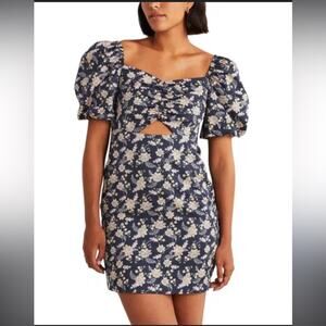 New Boden Cut Out Detail Mini Dress Puff Sleeve Blue Pink Floral Women's sz 4